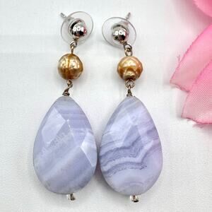 Faceted Lace Agate Teardrop Drop Earrings Gemstone Silver Tone Peach Bead Boho